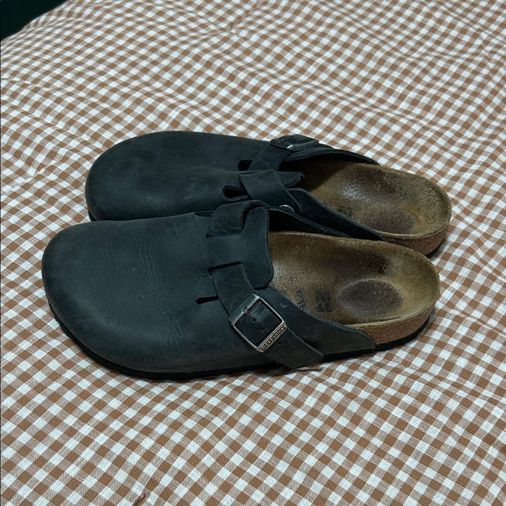 Birkenstock Black Oiled Leather Boston Clogs
